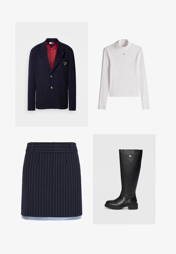 Blazer azul marino de tela suave con un forro de patrón rojo. Presenta dos bolsillos frontales, un logotipo dorado en el pecho y botones dorados.; Camiseta blanca de canalé con cuello alto de manga larga y un pequeño logo de Tommy Hilfiger centrado debajo del cuello.; Falda de rayas navy con corte recto, con acentos en azul claro en el dobladillo, fabricada en un tejido texturizado y con una cinturilla ancha.; Botas negras hasta la rodilla hechas de cuero suave con una suela de goma texturizada, que presentan un pequeño parche de logo en rojo, blanco y azul.