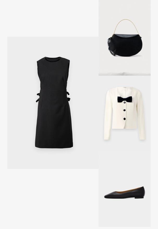 Blazer crème à encolure en V profonde, avec un nœud papillon noir texturé et quatre boutons noirs sur le devant. Manches longues et coupe ajustée.; Robe noire sans manches en tissu lisse, dotée de nœuds sur les côtés, d'un col rond et d'une taille cintrée, avec une jupe droite.; Chaussure plate en cuir noir à bout pointu avec talon bas et finition lisse, vue de côté sur un fond gris clair.; Sac à main noir en forme de croissant avec rabat en cuir lisse, anse chaîne dorée et sangle en cuir noir réglable sur fond blanc.