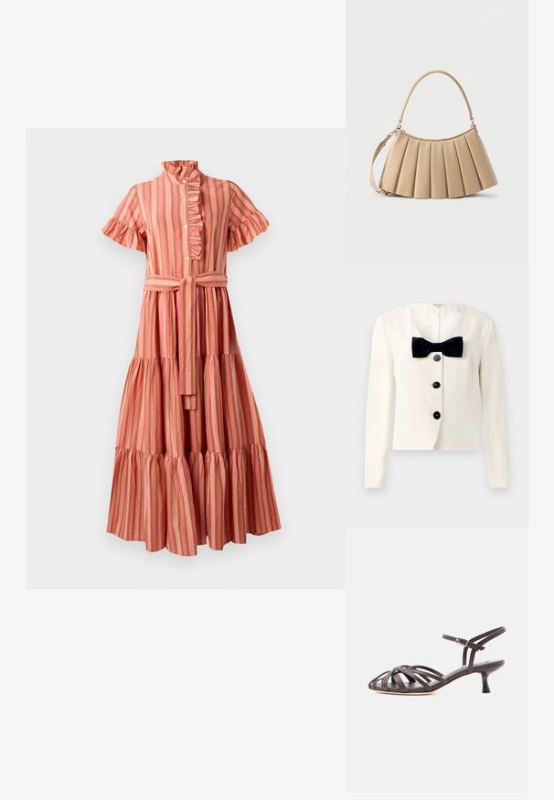 Crème blazer met een diepe V-hals, voorzien van een gestructureerde zwarte strik en vier zwarte knopen aan de voorkant. Lange mouwen en een getailleerde pasvorm.; Gestreepte midi-jurk in roze en beige, met een gerimpelde kraag, korte mouwen, knoopsluiting aan de voorkant en een ceintuur met een gelaagde rok.; Donkerbruine leren sandaal met bandjes en kitten heel, verstelbare gesp rond de enkel, op witte achtergrond.; Beige plissé schoudertas met afgeronde handgreep aan de bovenkant en afneembare band, gemaakt van glad leer met een subtiel logodetail bij de basis.