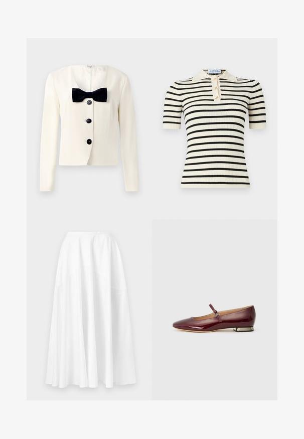 Κρέμ σακάκι με βαθύ V-ντεκολτέ, διαθέτει υφασμάτινη μαύρη παπιγιόν και τέσσερα μαύρα κουμπιά μπροστά. Μακριά μανίκια και κομψή γραμμή.; Ριμπ κοντομάνικο πόλο πουκάμισο με εκρού βάση και μαύρες οριζόντιες ρίγες. Περιλαμβάνει επίσης τρία χρυσά κουμπιά και γιακά.; Λευκή μακριά φούστα με ψηλή μέση και φαρδιά, ρέουσα καμπάνα στο τελείωμα, εμφανίζεται πάνω σε απλό φόντο.; Μπορντό παπουτσάκι από πατεντέ δέρμα, με στρογγυλή μύτη, λουράκι πάνω από τον πάτο και χαμηλή φτέρνα με μεταλλική λεπτομέρεια. Λείος υφασμάτινος τύπος.