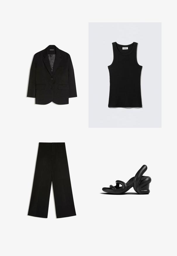 Sort skræddersyet blazer med to forlommer med klapper, to knapper, revers med hak og glat satinfor.; Sort bomuldstop med rund halsudskæring og smalle stropper. Enkelt design uden mønstre eller detaljer.; Sorte bukser med vidde ben, bæltestropper, knaplukning foran og lynlås, lagt fladt på hvid baggrund.; Sorte høje hæle sandaler med et skulpturelt gummi-design. Har buede remme og en kraftig hæl. Glat mat overflade.