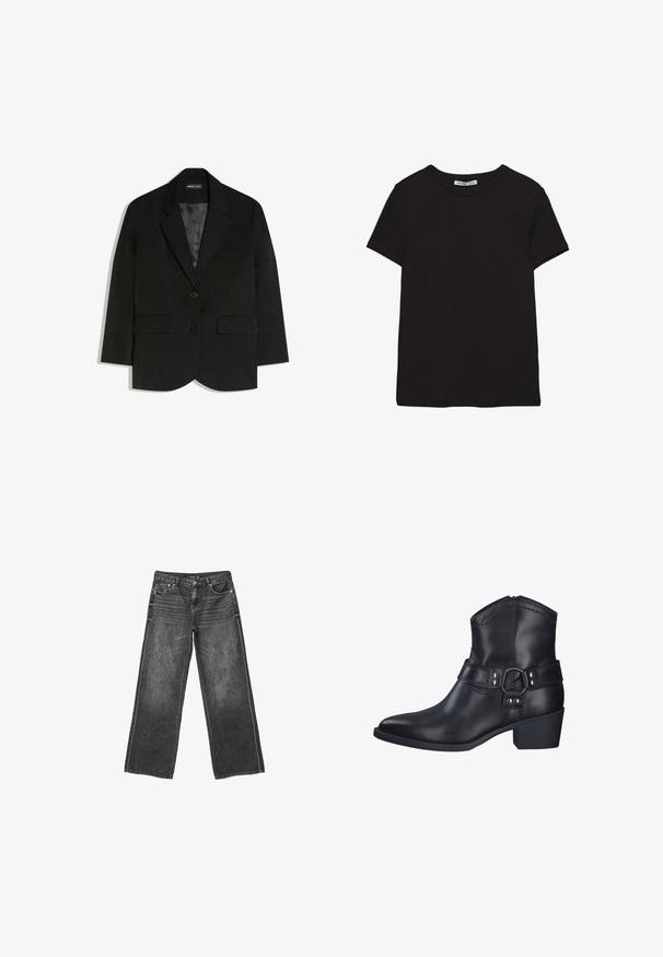 Schwarzer, maßgeschneiderter Blazer mit zwei vorderen Klappentaschen, zwei Knöpfen, Reverskragen und glattem Satininnenfutter.; Schwarzes, kurzärmliges Baumwoll-T-Shirt mit rundem Halsausschnitt, Standardpassform und sichtbarem innerem Nackenetikett.; Dunkelgraue weite Jeans aus Denim mit Vorder- und Hintertaschen, Knopfverschluss und dezentem, ausgewaschenem Detail.; Schwarze Leder-Stiefelette mit spitzem Zehenbereich und niedrigem Blockabsatz, ausgestattet mit einem dekorativen Riemen mit metallischen Akzenten und Stickdetails.