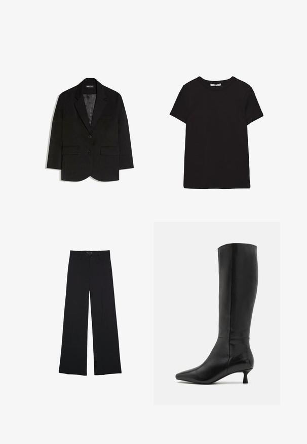 Schwarzer, maßgeschneiderter Blazer mit zwei vorderen Klappentaschen, zwei Knöpfen, Reverskragen und glattem Satininnenfutter.; Schwarzes, kurzärmliges Baumwoll-T-Shirt mit rundem Halsausschnitt, Standardpassform und sichtbarem innerem Nackenetikett.; Schwarze Hosen mit weitem Bein, Gürtelschlaufen, vorderer Knopfleiste und Reißverschluss, flach auf einem weißen Hintergrund liegend.; Zign Stiefel - black