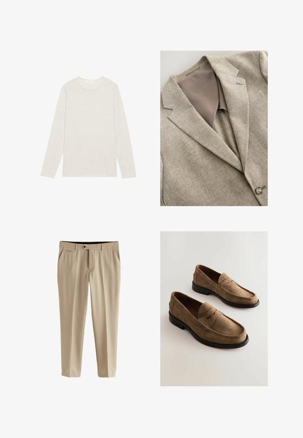 Beige linnedragtjakke med hakket revers, enkelt knap og glat inderfor, vist fladt på en lys overflade.; Creme langærmet t-shirt lavet af blødt strikket stof. Har en rund halsudskæring og en afslappet pasform uden synlige mønstre eller accenter.; Beige bukser lavet af glat stof. Har en flad front, to sidelommer og en knaplukning med lynlås.; Brune ruskinds loafers med en mokkasin-design, syet detaljer og en glat lædersål. Har en diskret hævet søm over vristen.
