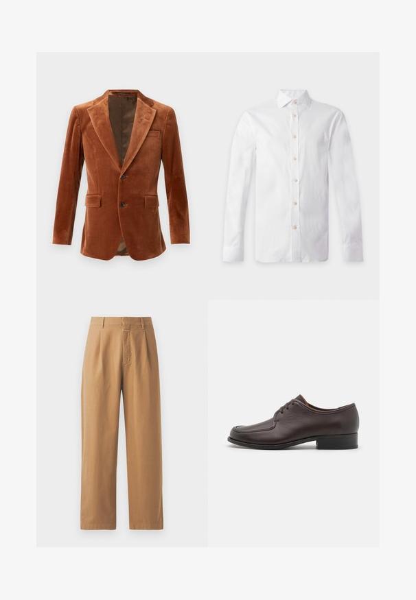 Brun fløjl blazer med spidse lapeller, to forlommer og enkelt knaplukning. Glat tekstur med en subtil glans.; Hvid langærmet skjorte med beige knapper, spids krave og knappede manchetter, vist fladt på en lys baggrund.; Brune, brede bukser lavet af glat stof. Har høj talje med folder, bæltestropper og en enkelt frontlomme.; Brune lædersko til mænd med en glat overflade, rund tå og lukket snørebåndsdesign. Har en lav, stablet hæl og diskrete syninger.