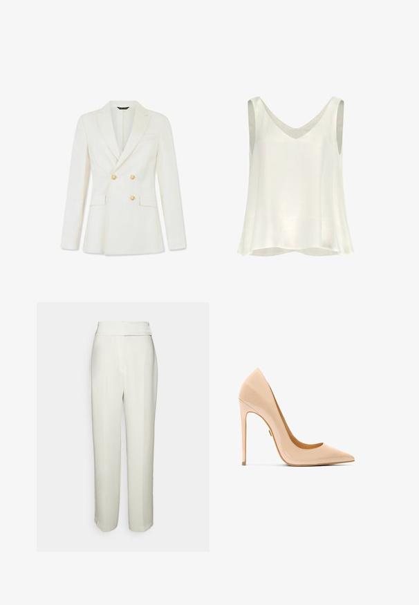 Witte double-breasted blazer met gouden knopen, inkeping revers, twee klepzakken aan de voorkant en een borstzak met bies.; Witte mouwloze top met een V-hals, gemaakt van gladde stof. Heeft een losse pasvorm en een ronde zoom voor comfort en gebruiksgemak.; Halston KARTER WEDDING PANT - Broek - chalk; Naaktkleurige pumps van lakleer met hoge hak, puntige neus, slank silhouet en een stilettohak, met een gladde, glanzende textuur.