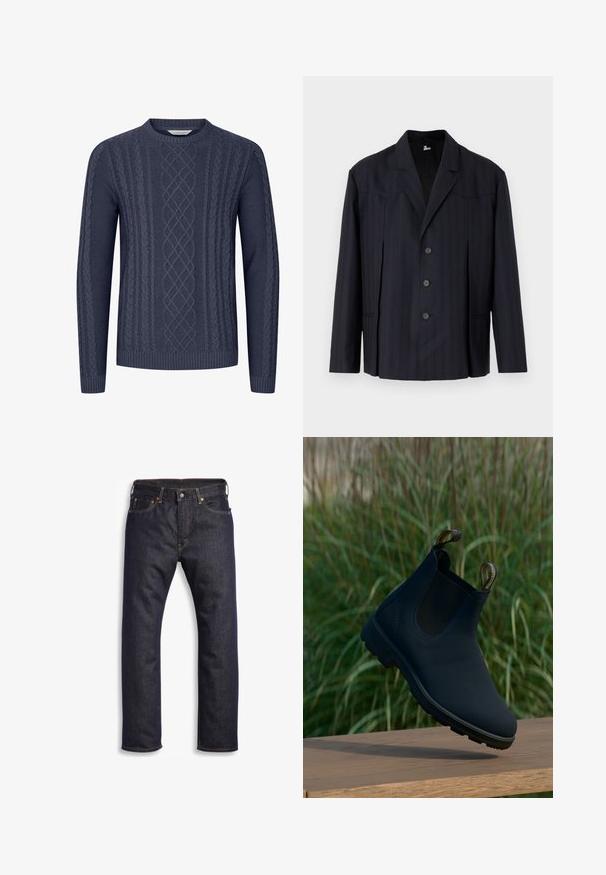 Blazer azul marino oscuro con rayas verticales, diseño de un solo botón, hombros estructurados, cinco botones y cuello con muesca.; Suéter de punto azul marino con patrones de cable texturizados, cuello redondo y puños y dobladillo acanalados. Fabricado en un tejido suave y duradero.; Vaqueros de denim azul oscuro con corte recto, diseño de cinco bolsillos, herrajes metálicos y costuras naranjas contrastantes. Textura suave, sin patrones visibles.; Botín Chelsea de cuero negro con paneles laterales elásticos y tiradores con marca, posicionado sobre una superficie de madera con un fondo de follaje verde.