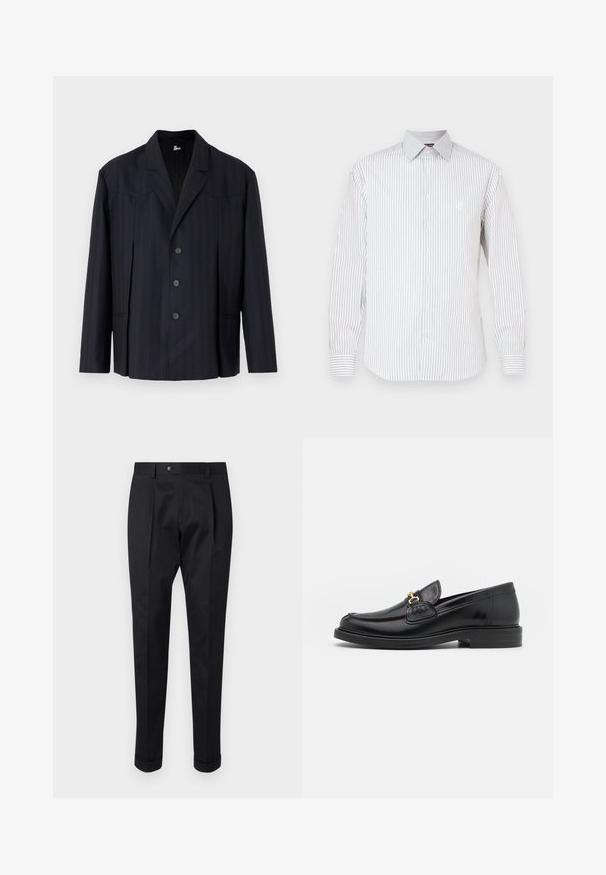 Donkerblauwe blazer met verticale streepjes, enkelgeknoopt ontwerp, gestructureerde schouders, vijf knopen en een met puntige kraag.; Wit shirt met lange mouwen met dunne verticale grijze strepen, knopen aan de voorkant, puntkraag en geborduurd logo op de borst.; Zwarte broek gemaakt van een gladde stof, met een plooi aan de voorkant, een knopen sluiting en opgerolde manchetten bij de enkels.; Zwarte leren instappers met een ronde neus, voorzien van een gouden hardware accent en stikdetails, geplaatst op een lage, getextureerde rubberen zool.