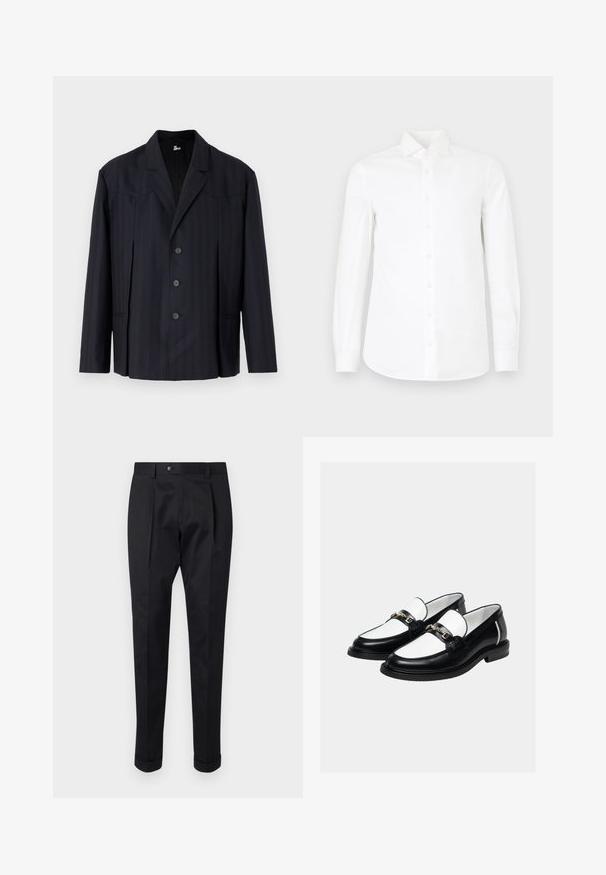 Mørkeblå blazer med lodrette striber, enkeltbreasted design, strukturerede skuldre, fem knapper og slagkrave.; Hvid langærmet skjorte med knaplukning lavet af glat bomuld. Har en spids krave, fuld knaplukning foran og en let indsnævret talje.; Sorte bukser lavet af et glat stof, der har en fold foran, en knaplukning og opsmøg ved anklerne.; Par sorte og hvide læder loafers med guldkæde på toppen, sat mod en ensartet lys baggrund.