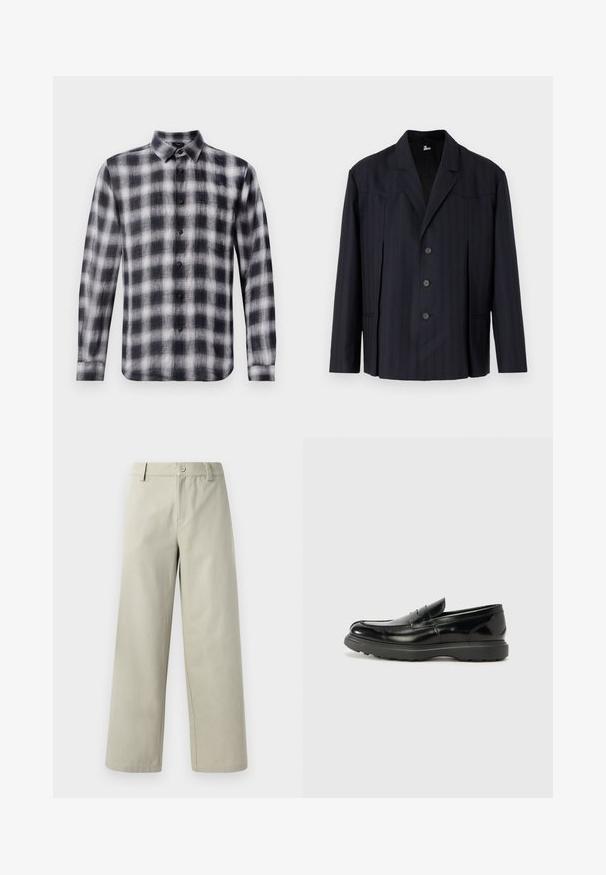 Blazer bleu marine foncé avec des rayures verticales, conception à un bouton, épaules structurées, cinq boutons et col cranté.; Chemise à carreaux en noir et blanc, à manches longues, avec col, fabriquée en tissu léger au toucher doux, avec des boutons noirs.; Han Kjøbenhavn WIDE LEG - Pantalon classique - light grey; Mocassin en cuir noir avec une finition brillante, bout arrondi, détails de couture subtils et semelle en caoutchouc épaisse pour la durabilité.