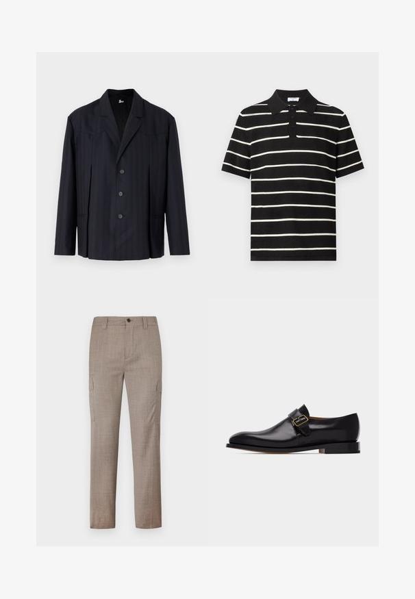 Mørkeblå blazer med lodrette striber, enkeltbreasted design, strukturerede skuldre, fem knapper og slagkrave.; Sort kortærmet polo med hvide vandrette striber, tre sorte knapper og en spids krave.; Lysebrune cargo bukser i et tekstureret stof, med sidelommer og lige bendesign. Lukket med en frontknap og lynlås.; Sort herresko i læder med en guldbøjle på siden og en lav stacket hæl, vist fra ydersiden på en hvid baggrund.