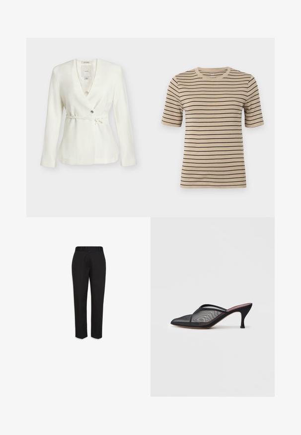 Hvid langærmet blazer med V-hals, enkelt knaplukning og tyndt bælte bundet i taljen, vist på en ensfarvet baggrund.; Beige kortærmet t-shirt med sorte vandrette striber. Har en rund hals og en blød, glat tekstur.; Sorte skræddersyede bukser med bæltestropper, lige ben og pressede folder, vist mod en hvid baggrund.; Sort mesh mule med spids tå, tynde stropper og 3-tommer stiletto hæl. Har en gennemsigtig struktur og en ensfarvet sål.