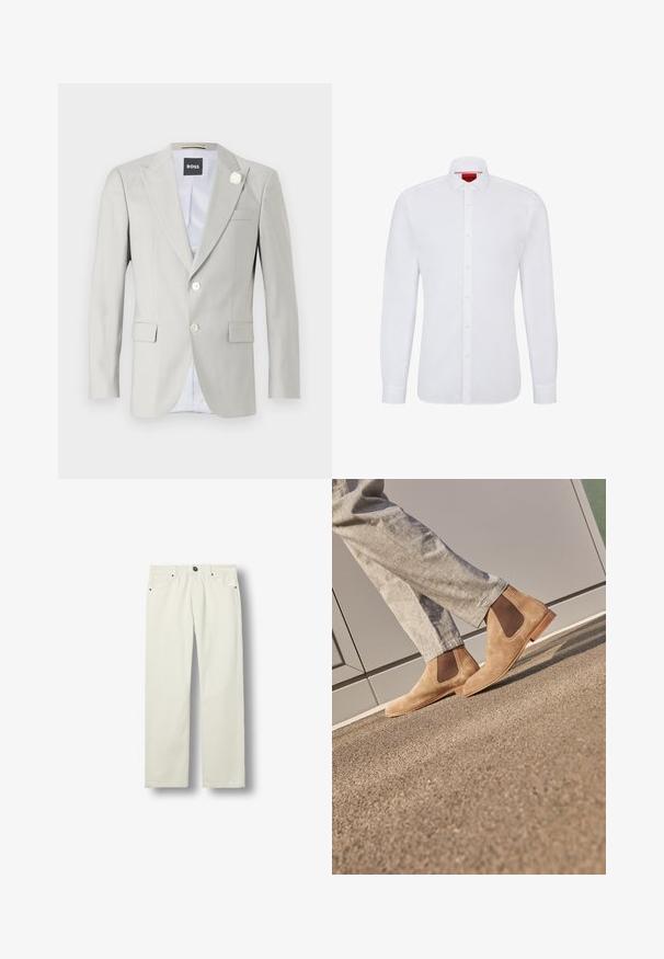 Svetlošedý blazer s špicatými klopami, zapínaním na dva gombíky, bočnými vreckami a ozdobným bielym kvetinovým akcentom na klopě. Podšívkový interiér.; Biela košeľa s dlhým rukávom vyrobená z bavlny, s gombíkovým zapínaním, klasickým golierom a jemnou textúrou, obsahujúca červené logo na vnútornej strane goliera.; Svetlo krémové rifle s rovnými nohavicami, prednými vreckami, pútkami na opasok, zapínaním na gombíky a kovovými nitmi, zobrazené na bielom pozadí.; Hnedé semišové Chelsea topánky s elastickými bočnými panelmi a hladkou svetlohnedou gumovou podrážkou, v kombinácii s svetlošedými nohavicami na textúrovanom povrchu.