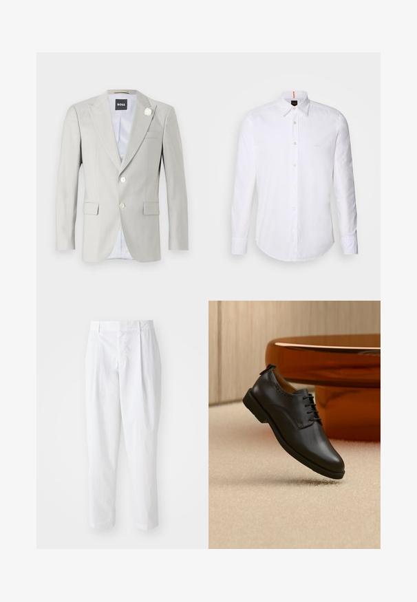 Helehall blazer, millel on teravad kleeid, kahe nööbiga lukustamine, küljetaskud ja dekoratiivne valge lille aksessuaar krael. Jope on vooderdatud.; Valge pikakä sleeve'iga nööbitav särk, valmistatud puuvillast, klassikalise kraega, kerge logoga rinna lähedal ja valged nööbid.; Valged pleeditud püksid kõrge vöökoht ja lühendatud pikkus, millel on sile tekstuur ja puhtad jooned. Puuduvad nähtavad metallosad või mustrid.; Mustast nahast kingad paeltega, paigutatud hele beeži vaiba kohale hõljuvalt, taustal oranž ümar laud.