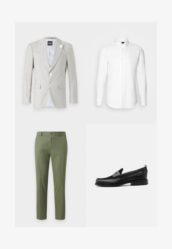 Lysegrå blazer med spidse klapper, to knaplukninger, sidelommer og dekorativ hvid blomst accent på klappen. Fôret indre.; Hvid skjorte med lange ærmer, knaplukning foran, klassisk krave, lavet af glat stof med en subtil tekstur, designet til et tætsiddende udseende.; Grønne bukser lavet af struktureret stof, med slim fit, lige ben og knaplukning foran. Velegnede til afslappet eller formelt brug.; Sort læderloafer med grå remdetalje, lav hæl og tekstureret sål, mærket med "HUGO" i guld på siden.
