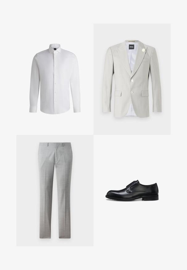 Lysegrå blazer med spidse klapper, to knaplukninger, sidelommer og dekorativ hvid blomst accent på klappen. Fôret indre.; Hvid langærmet skjorte lavet af glat bomuld, med klassisk krave, fuld knaplukning og knapmanchetter. Minimalistisk design.; Grå skræddersyede bukser lavet af et glat stof, med et fint ternet mønster, lige ben og bæltestropper. Ingen synlige lommer.; Sort poleret læder herresko med lukket snøresystem, lav hæl og diskret mærkedetalje nær hælen på hvid baggrund.