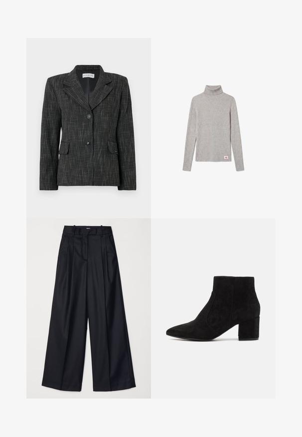 Blazer noir avec un motif texturé, design à boutonnage simple, revers crantés, deux poches avant et deux boutons de fermeture.; Pull à col roulé côtelé gris clair à manches longues avec un petit écusson du logo CK rouge et blanc près de l'ourlet inférieur.; Pantalons noirs à jambes larges en tissu lisse, dotés d'une taille haute, de plis et d'une coupe ajustée. Quincaillerie noire simple à la taille.; Bottines en suede noir avec un bout pointu et un talon carré. Le design est élégant avec des panneaux latéraux sans coutures, créant un look minimaliste.