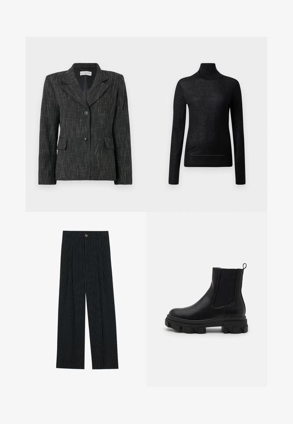 Blazer negro con un patrón texturizado, diseño de un solo botón, solapas con muescas, dos bolsillos frontales y dos botones para el cierre.; Top negro de manga larga y cuello alto, fabricado en tejido ligero, con un diseño ajustado y detalles de costura mínimos, ideal para superponer.; Pantalones de pierna ancha a rayas negras, fabricados con una tela texturizada, que cuentan con un cierre frontal de botón y un diseño plisado para mayor interés.; Botas de tobillo de cuero negro con paneles laterales elásticos, suela de goma gruesa y tirador. Presentan una textura suave y un patrón de dibujo bien definido.