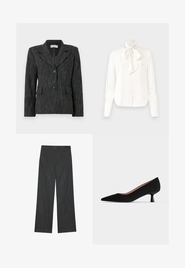 Blazer noir avec un motif texturé, design à boutonnage simple, revers crantés, deux poches avant et deux boutons de fermeture.; Blouse blanche à manches longues en tissu léger avec col haut et un grand nœud au niveau du cou, dotée d'une fermeture à boutons sur le devant.; Pantalons larges gris foncé en tissu texturé, avec une taille plate, des passants de ceinture et une finition soignée à l'ourlet.; Escarpin noir pour femme à talon bas, bout pointu, talon kitten fin et évasé avec finition mate lisse, vu de profil.