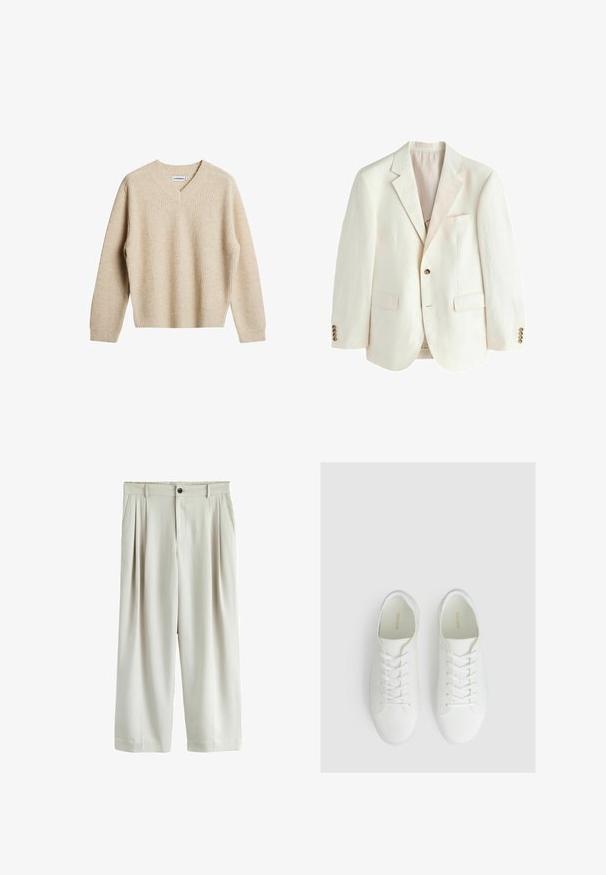 Blazer de un solo botón en color crema con solapas con muesca, dos bolsillos delanteros con solapa, un bolsillo en el pecho y botones marrones en los puños y en la parte delantera.; Suéter de punto acanalado beige con escote en V y mangas largas. Presenta un ajuste relajado y una tela texturizada para mayor calidez y comodidad.; Pantalones de pierna ancha de talle alto en beige claro con pliegues, bolsillos laterales, cierre de botón y cremallera.; Zapatos deportivos blancos hechos de material de punto texturizado, con un diseño de cordones, punta redondeada y un sutil logotipo en la lengüeta.