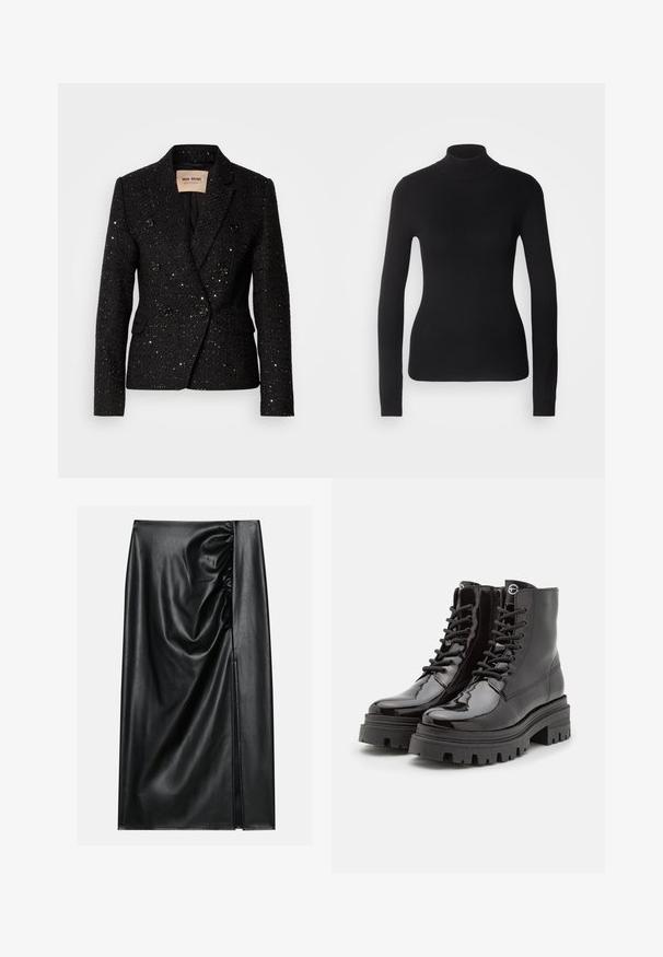 Blazer noir à double boutonnage avec un tissu texturé et des sequins subtils. Dispose de deux poches avant et de boutons noirs. Intérieur doublé.; Pull à col roulé noir en maille légère. Il possède des manches longues, une coupe ajustée et une texture côtelée douce.; Jupe en cuir noir avec une texture lisse, présentant une section froncée sur un côté et une fente sur le côté pour un détail supplémentaire.; Bottines en cuir verni noir avec lacets à l'avant, semelle épaisse noire et fermeture éclair sur le côté. Présente une texture lisse et brillante et un bout rond.