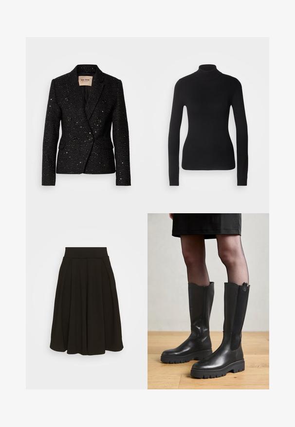 Sort dobbeltbrystet blazer i tekstureret stof med subtile pailletter. Har to forlommer og sorte knapdetaljer. Foret inderside.; Sort turtleneck sweater lavet af let strikket stof. Har lange ærmer, et tætsiddende design og en blød ribbet tekstur.; Sort plisseret nederdel med en bred, elastisk talje. Fremstillet af et blødt stof, med en knælang kant og glat tekstur.; Sorte knæhøje støvler med en glat læderoverflade, elastiske sidedele og en kraftig gummisål med et struktureret mønster.