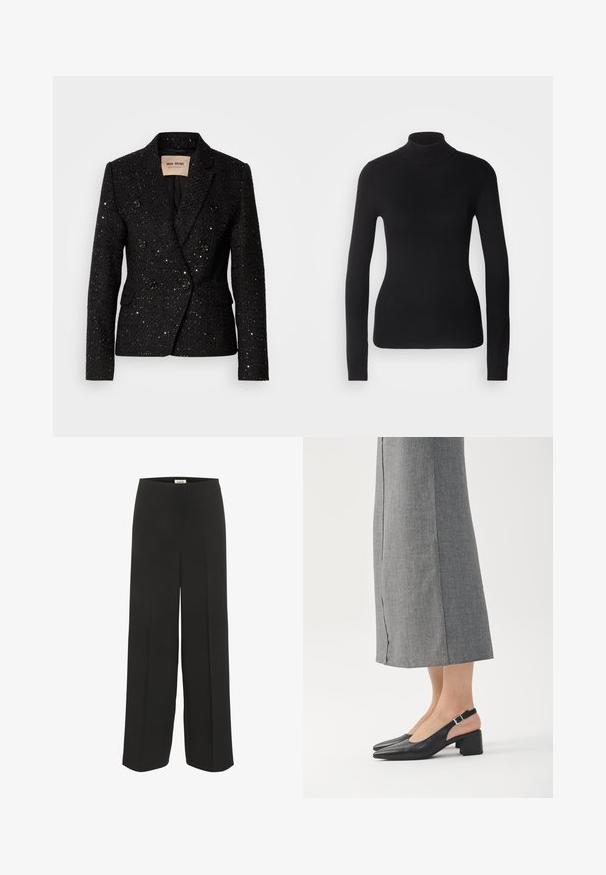 Blazer negro de doble botonadura con tejido texturizado y sutiles lentejuelas. Presenta dos bolsillos frontales y detalles de botones negros. Interior forrado.; Suéter negro de cuello alto hecho de un tejido de punto ligero. Presenta mangas largas, un diseño ajustado y una suave textura acanalada.; Pantalones negros de pierna ancha con cintura alta y detalles sutiles de pliegue, diseñados para un ajuste relajado y elegante.; Zapatos slingback de cuero negro con puntera puntiaguda, tacón ancho y un detalle en el tacón en color rosa contrastante. Textura lisa con un diseño minimalista.