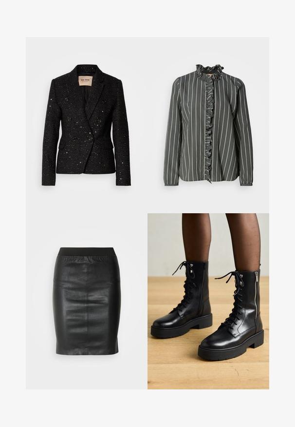 Sort dobbeltbrystet blazer i tekstureret stof med subtile pailletter. Har to forlommer og sorte knapdetaljer. Foret inderside.; Mos Mosh STRIPE SHIRT - Skjortebluser - urban chic; Sort pencilsyning lavet af glat læder, med en elastisk talje for en tætsiddende silhuet og minimalistisk design.; Sorte læder snørebåndsstøvler med kraftige såler, sidelukning med lynlås og metaløjer. Glat overflade med varieret tekstur på skaftet.