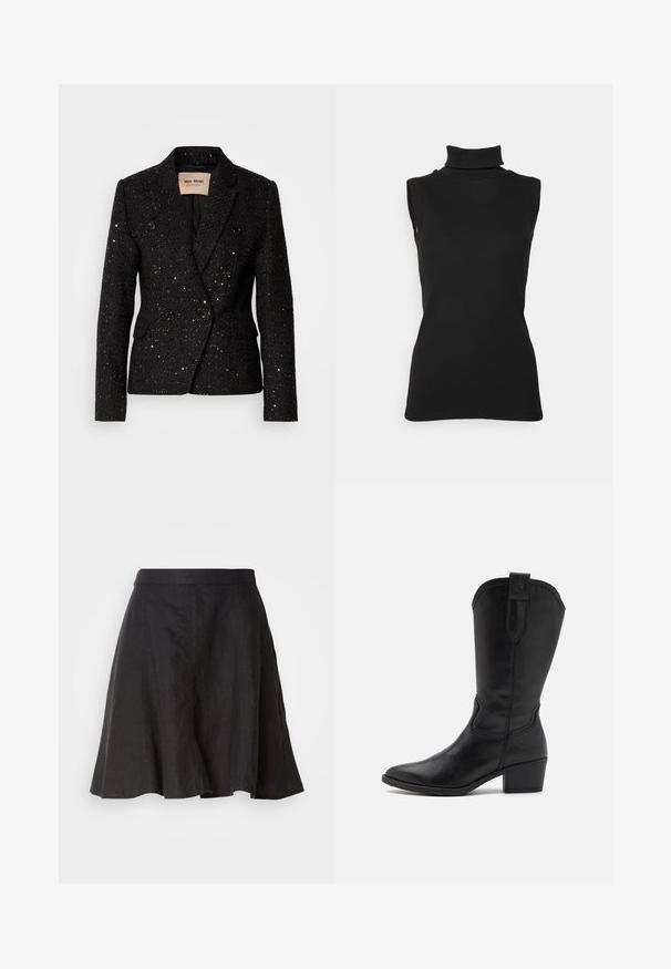 Zwarte dubbelgeknoopte blazer met een textuurstof en subtiele pailletten. Voorzien van twee voorkzakken en zwarte knoopaccenten. Voering aan de binnenkant.; Zwarte mouwloze turtleneck top van ribstof, met een hoge hals en een getailleerde pasvorm. Gladde textuur met minimale details.; Zwarte linnen rok met een uitlopende ontwerp, voorzien van een tailleband en naden. De stof heeft een licht gestructureerde afwerking en valt tot op de knie.; Zwarte leren cowboylaars met een spitse neus, enkellengte en een gestapelde hak. Voorzien van decoratieve stiksels en een lusje om aan te trekken.