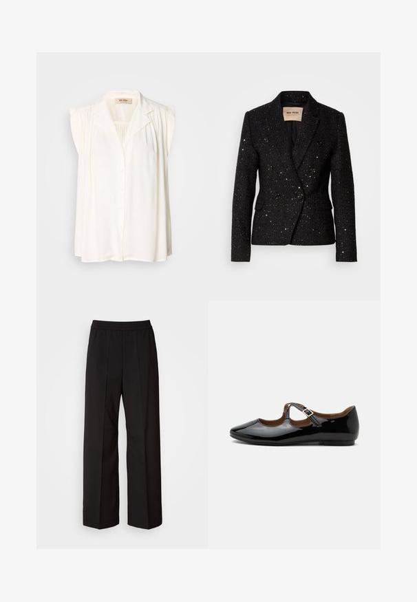 Blazer noir à double boutonnage avec un tissu texturé et des sequins subtils. Dispose de deux poches avant et de boutons noirs. Intérieur doublé.; Blouse sans manches blanche avec col, fermeture à boutons sur le devant et détails plissés aux épaules. Texture douce et design fluide.; Pantalons larges noirs avec un design plissé, une taille élastique et une texture de tissu lisse. Convient à diverses occasions.; Chaussure plate Mary Jane en cuir verni noir avec deux découpes et une bride à boucle dorée sur fond blanc.