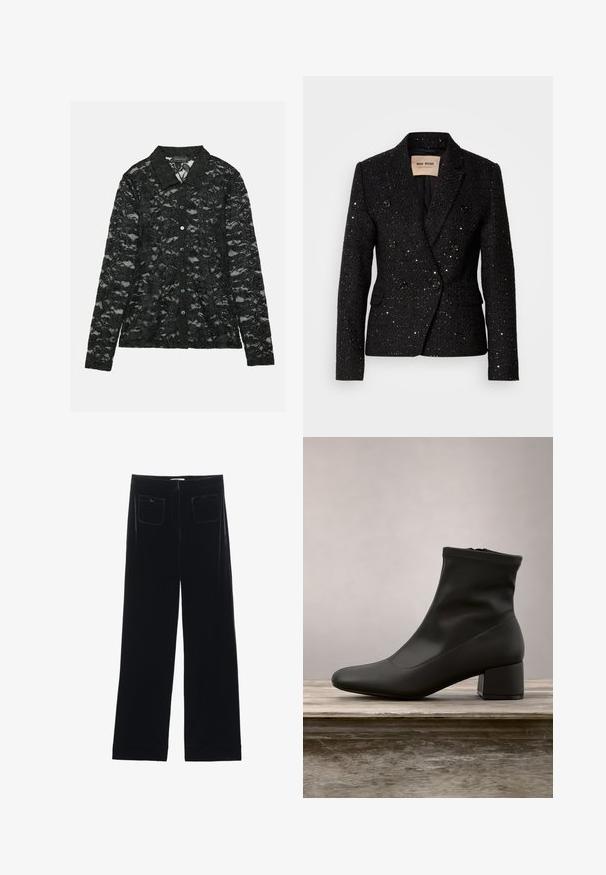 Sort dobbeltbrystet blazer i tekstureret stof med subtile pailletter. Har to forlommer og sorte knapdetaljer. Foret inderside.; Sort blonderet bluse med krave, lange ærmer, knaplukning med grønne knapper og et blomstermønster over det hele.; Sorte velour bredbukser med to baglommer og en glat tekstur, der har en lige skæring og syede afslutninger ved anklerne.; Sort ankelstøvle med en glat, skinnende læderfinish, en skrå blokhælkappe og en tætsiddende, elastisk overdel for en slank silhuet.