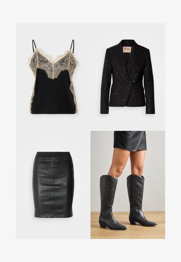 Blazer noir à double boutonnage avec un tissu texturé et des sequins subtils. Dispose de deux poches avant et de boutons noirs. Intérieur doublé.; Caraco en satin noir avec bordure en dentelle florale beige sur le buste, les côtés et fines bretelles réglables.; Jupe crayon noire en cuir lisse, dotée d'une taille élastique pour une silhouette ajustée et un design minimaliste.; Bottes noires montantes en cuir lisse, avec un bout pointu, un petit talon carré et une fermeture éclair sur le côté pour un enfilage facile.
