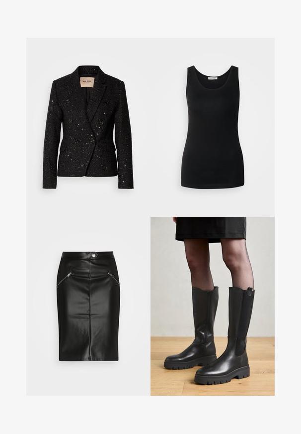 Zwarte dubbelgeknoopte blazer met een textuurstof en subtiele pailletten. Voorzien van twee voorkzakken en zwarte knoopaccenten. Voering aan de binnenkant.; Zwarte mouwloze tanktop, gemaakt van gladde stof, heeft een klassieke ronde halslijn en een getailleerd ontwerp. Geen patronen of accenten.; Zwarte leren kokerrok met een gladde textuur, voorzien van twee ritszakken aan de voorkant en een getailleerde pasvorm.; Zwarte kniehoge laarzen met een gladleren buitenkant, elastische zijpanelen en een chunky rubberen zool met een gestructureerd profiel.