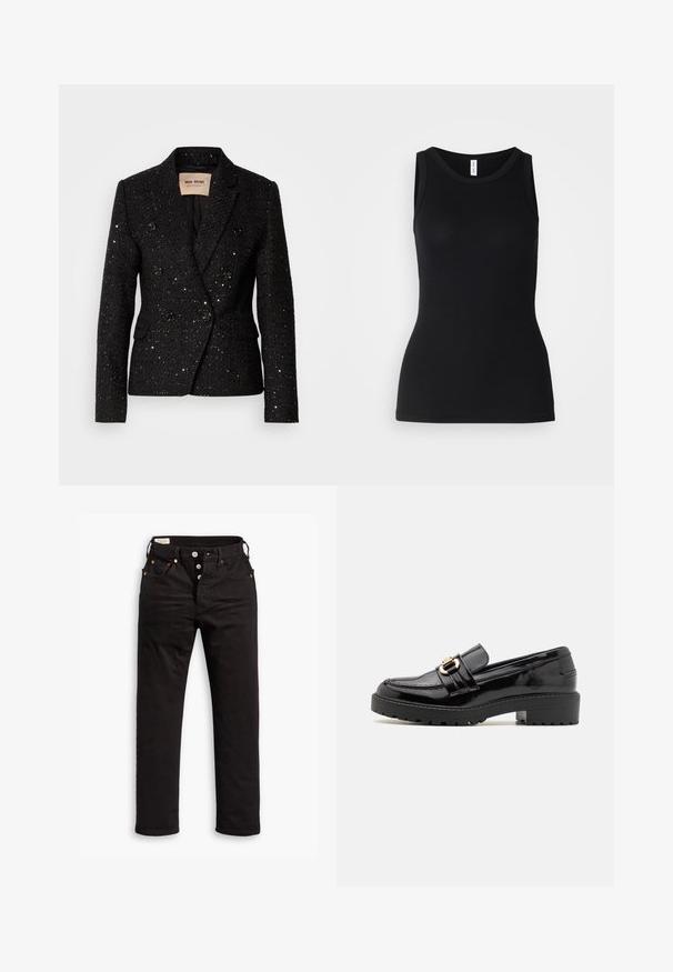 Sort dobbeltbrystet blazer i tekstureret stof med subtile pailletter. Har to forlommer og sorte knapdetaljer. Foret inderside.; Sort ærmeløs tanktop lavet af ribbet stof, med rund halsudskæring og tætsiddende design, med en glat overflade og uden mønstre.; Sorte lige jeans med knaplukning, front- og baglommer samt kobbernitte detaljer på en hvid baggrund.; Sorte lakerede loafers med en lav blokhæl, der har en fremtrædende gullignende spænde og en struktureret, rillede sål.