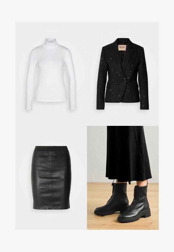 Blazer noir à double boutonnage avec un tissu texturé et des sequins subtils. Dispose de deux poches avant et de boutons noirs. Intérieur doublé.; Chemise à col roulé blanc à manches longues en tissu lisse et extensible. Offre une coupe ajustée et un col haut. Pas de motifs ni d'accents visibles.; Jupe crayon noire en cuir lisse, dotée d'une taille élastique pour une silhouette ajustée et un design minimaliste.; Bottines en cuir noir avec une semelle plateforme épaisse et une fermeture éclair à l'avant. Texture lisse avec un design minimaliste.