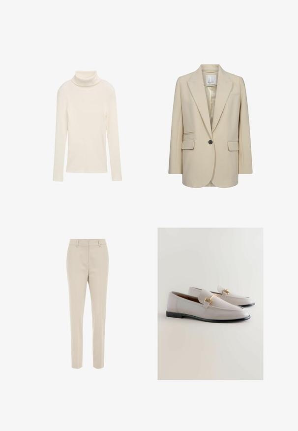Blazer beige a medida hecho de tela suave. Presenta solapas con muesca, un solo botón negro, dos bolsillos laterales y un bolsillo en el pecho.; Top de cuello alto en crema, hecho de tela acanalada. Mangas largas y silueta ajustada. Sin patrones visibles ni acentos metálicos.; Pantalones beige a medida, diseño de pierna recta, textura suave, con frente plano y presillas para cinturón, adecuados para vestir de forma formal o informal.; Mocasines de cuero gris claro con punta afilada, que cuentan con un detalle metálico dorado y un bajo tacón negro. Textura suave, diseño minimalista.