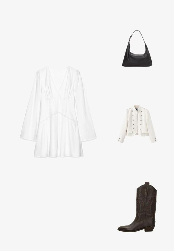 Witte cropped jas met hoge kraag, acht zilverkleurige knopen in twee rijen en klepzakken aan de voorkant tegen een witte achtergrond.; Witte blouse met lange mouwen en V-hals, ruches op de schouders, kantaccenten en een losse pasvorm, gemaakt van lichtgewicht stof.; Bruine leren cowboylaars met decoratieve stiksels, spitse neus en lage blokhak. Heeft een gestructureerd oppervlak en contrasterende accenten.; Zwarte leren schoudertas met een enkele verstelbare riem en ritssluiting, weergegeven tegen een witte achtergrond.