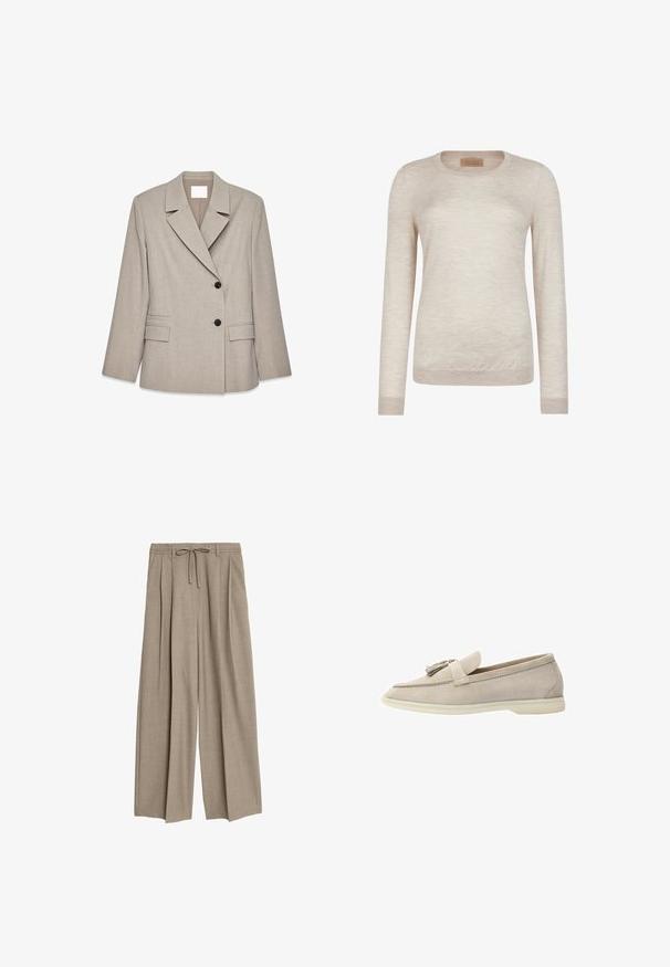 Lys beige skræddersyet blazer med brede revers, to sorte knapper og klaplommer foran, præsenteret på hvid baggrund.; Langærmet crewneck-trøje i lysebeige, lavet af fint strikket stof med ribstrikkede manchetter og kant.; Beige højtaljede bukser med en afslappet pasform, der har pletter og en snøre i taljen. Materialet ser ud til at være tekstureret og let.; Beige ruskinds loafers med en frynseaccent, der har en glat tekstur, rund tå og en gummisål for fleksibilitet.