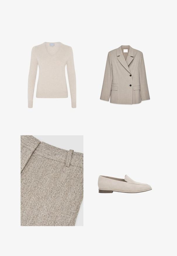 Helles beige maßgeschneidertes Blazer mit breiten Revers, zwei schwarzen Knöpfen und aufgesetzten Taschen an der Vorderseite, auf weißem Hintergrund präsentiert.; Beiger V-Ausschnitt-Pullover aus weichem Material, mit langen Ärmeln, taillierter Silhouette und geripptem Saum. Keine Muster oder sichtbare Hardware.; Heringbone-Musterstoff in Beige- und Grautönen mit strukturiertem Bund und kunstvollem Webmuster.; Beiger Wildleder-Slipper mit niedrigem Absatz, spitz zulaufender Spitze und minimaler Naht am Obermaterial.