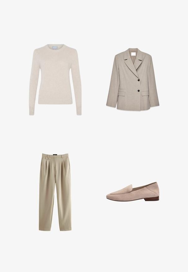 Lichtbeige getailleerde blazer met brede revers, twee zwarte knopen en klepzakken aan de voorkant, gepresenteerd op een witte achtergrond.; Style Republic Trui - sand; Beige geplooide broek met een relaxte pasvorm, voorzien van een knoopsluiting en riemlussen, gemaakt van een gladde stof met een zachte textuur.; Beige suède lage loafers met lage hak, een afgeronde neus en nette stiksels, weergegeven vanaf de buitenkant op een witte achtergrond.