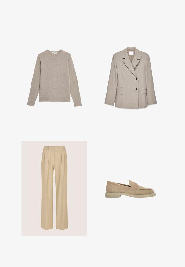 Lichtbeige getailleerde blazer met brede revers, twee zwarte knopen en klepzakken aan de voorkant, gepresenteerd op een witte achtergrond.; Beige trui van zacht materiaal. Heeft een ronde halslijn en lange mouwen, met geribbelde manchetten en onderrand. Eenvoudig, effen ontwerp.; Beige wijde broek met een gestructureerde afwerking, voorzien van plooien aan de voorkant, een hoge taille en een rechte silhouet. Geen zichtbare hardware of patronen.; Beige suède loafer met lage hak, afgeronde neus en banddetail over het bovenwerk, zijaanzicht op een witte achtergrond.