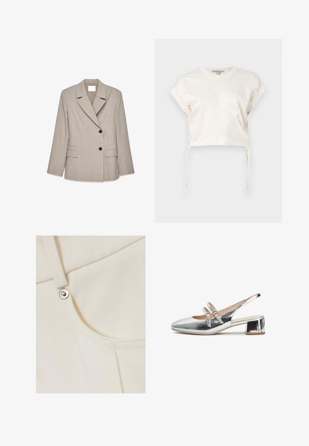 Lys beige skræddersyet blazer med brede revers, to sorte knapper og klaplommer foran, præsenteret på hvid baggrund.; Cremefarvet cropped top lavet af glat stof, med rund halsudskæring, korte ærmer og justerbare sidebånd. Enkelt, rent design.; Hvidt stof med en glat tekstur og let glans, præget af en sølvknap og ren syning langs kanterne.; Metallisk sølv slingback sko med en lav, firkantet hæl. Har to justerbare remme på overlæret og en glat, skinnende overflade.
