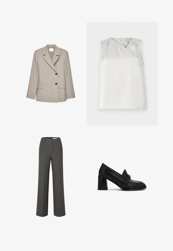 Lys beige skræddersyet blazer med brede revers, to sorte knapper og klaplommer foran, præsenteret på hvid baggrund.; Ærmeløs hvid bluse med V-udskæring, diskrete folder ved skuldrene og lynlåslukning bagpå, vist på ensfarvet baggrund.; Mørkegrå skræddersyede bukser med vide ben, frontbirl og taljebånd med bæltestropper på hvid baggrund.; Sort dames loafer i læder med blokhæl og en dekorativ metalknap på den øverste front.