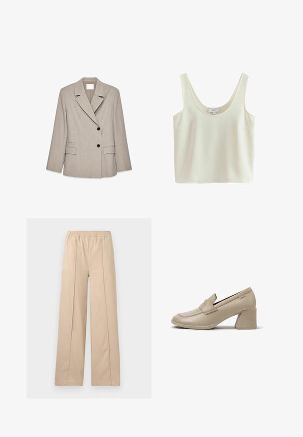 Blazer entallado color beige claro con solapas anchas, dos botones negros y bolsillos de solapa en el frente, exhibido sobre fondo blanco.; Top corto sin mangas de color crema con tirantes anchos y escote redondo, hecho de tela suave.; Pantalones anchos beige con cinturilla elástica, que presentan dos líneas de pliegue verticales, tela suave y un diseño sencillo.; Mocasín de mujer beige de cuero con tacón bajo, punta cuadrada y tacón grueso, con detalle de tira cosida en el lado superior.
