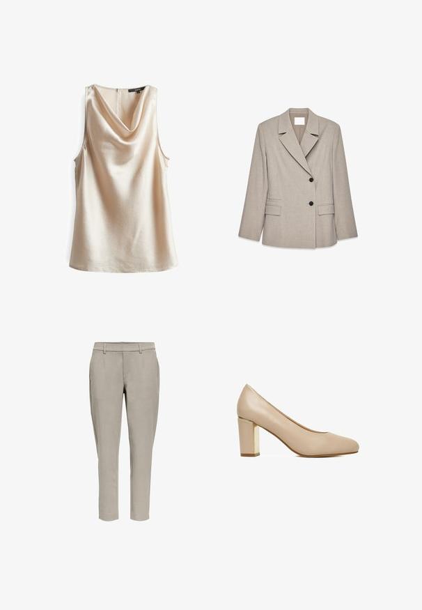 Lichtbeige getailleerde blazer met brede revers, twee zwarte knopen en klepzakken aan de voorkant, gepresenteerd op een witte achtergrond.; Mouwloze top met sjaalkraag in lichtbeige, van textuurstof met een subtiele glans. Heeft een ritssluiting aan de achterkant en een losse pasvorm.; Lichtgrijze slim-fit broek met riemlussen, zijzakken en een rechte pijp, afgebeeld tegen een witte achtergrond.; Beige leren damesschoen met een afgeronde neus en blokhak met een gouden metallic accent.