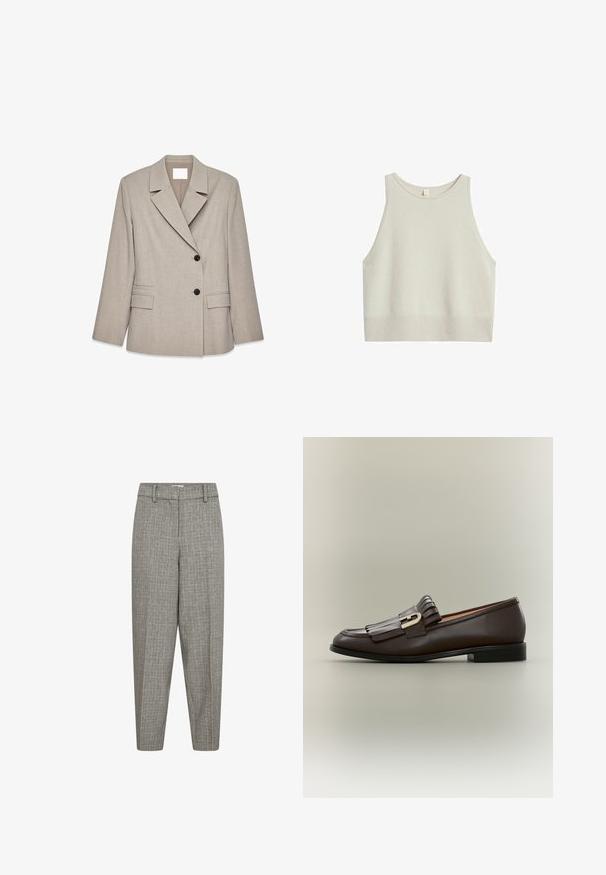 Lichtbeige getailleerde blazer met brede revers, twee zwarte knopen en klepzakken aan de voorkant, gepresenteerd op een witte achtergrond.; Lichtbeige cropped tanktop gemaakt van zacht materiaal. Voorzien van een ronde hals, brede armsgaten en een geribbelde zoom.; Grijze gestreepte broek met een taps toelopende pijp, platte voorkant, riemlussen en een gladde textuur. Geen zichtbare zakken of hardwaredetails.; Donkerbruine leren loafer met franje-detail en gouden gesp op een neutrale achtergrond, zijaanzicht.