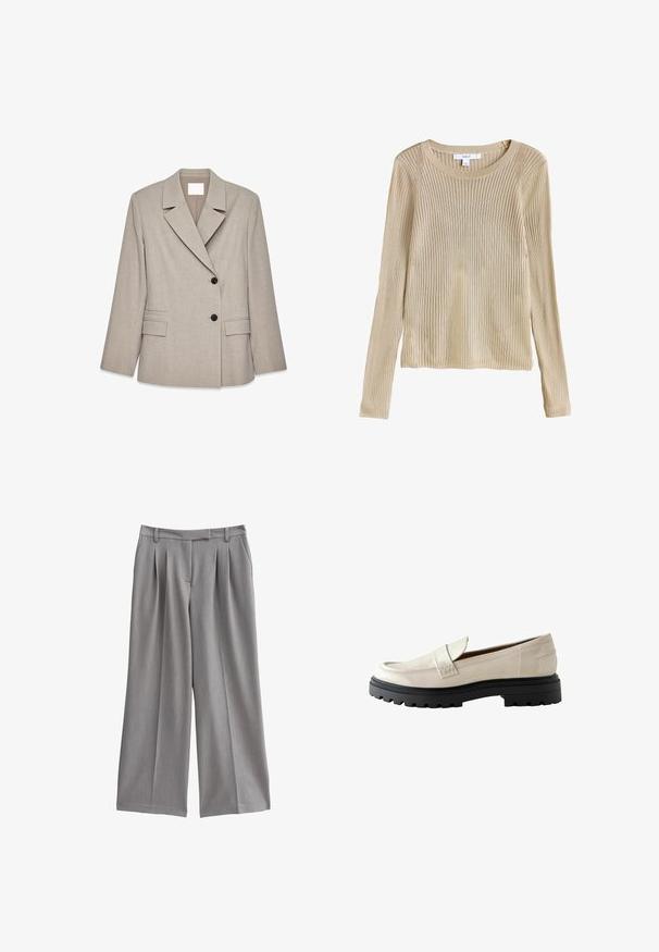 Lichtbeige getailleerde blazer met brede revers, twee zwarte knopen en klepzakken aan de voorkant, gepresenteerd op een witte achtergrond.; Beige geribbelde lange mouw gebreide trui met ronde hals en slim fit, plat weergegeven met label zichtbaar bij de kraag.; Grijze wijde pantalon met een geplooid front, gemaakt van een gladde stof. Heeft een platte tailleband met riemlussen en zijzakken.; Beige gepatineerde leren loafers met een ronde neus, dikke zwarte rubberen zool en een gestikte accent over de voorkant.