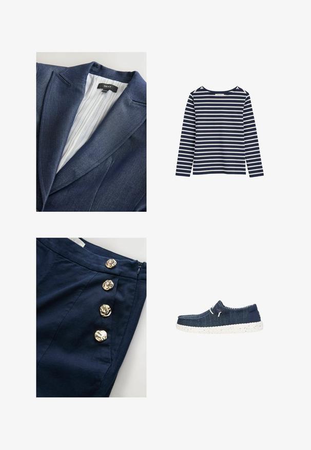 Blazer azul marino hecho de tejido texturizado. Cuenta con un cuello muesca y un forro interior a rayas con una etiqueta que dice "NEXT."; Camiseta de manga larga con rayas horizontales en azul marino y blanco, con cuello redondo, mostrada sobre un fondo blanco.; Falda azul marino con cuatro grandes botones irregulares dorados y brillantes a lo largo del lateral y una cremallera lateral visible.; Zapato casual azul marino hecho de tejido texturizado, con suela blanca moteada, punta redonda y cordones elásticos para un fácil uso.
