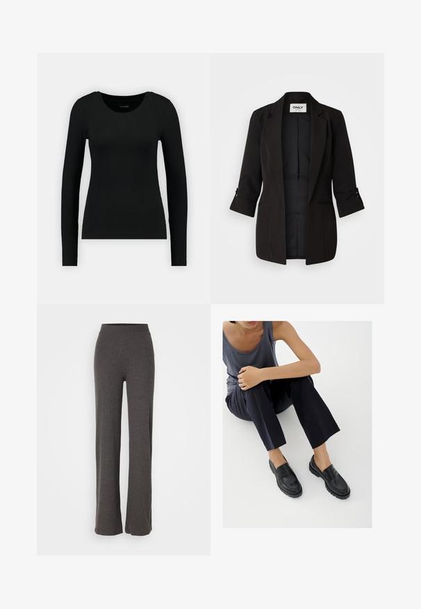 Sort blazer med en notch-krave, trekvartærmer og opsmøgede manchetter. Har to foran lommer og en glat indvendig foring.; Sort langærmet skjorte lavet af ribbet stof. Har en rund halsudskæring og tætsiddende silhuet. Enkelt design uden mønstre eller accenter.; Grå ribbet strikkede bukser med vid ben og elastisk talje. Stoffet har et tekstureret udseende, der giver en afslappet pasform.; Sorte læderloafers med teksturerede detaljer, lav hæl, rund tå og synlige syninger. Modellen bærer mørke bukser og en grå top.
