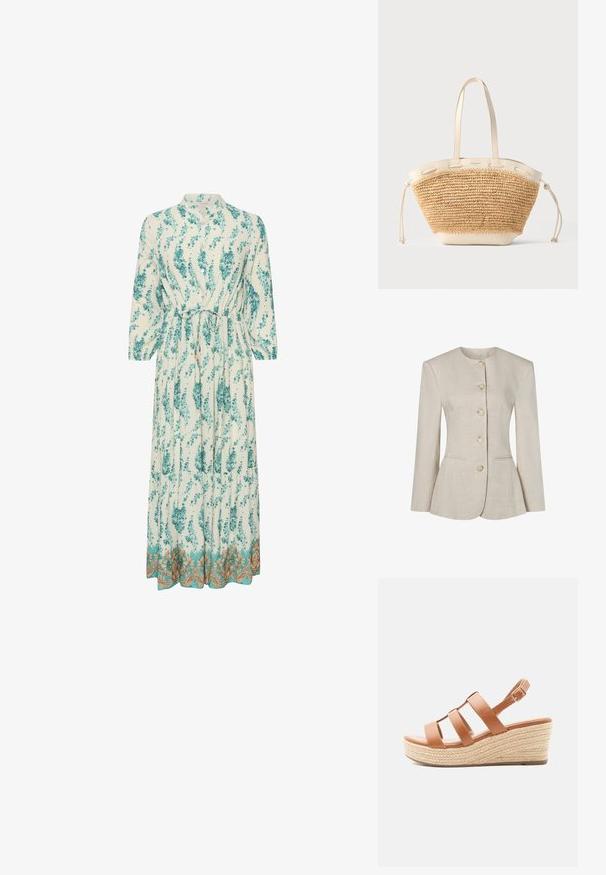 Blazer de lino beige para mujer con escote redondo, mangas largas, cinco botones frontales y dos bolsillos delanteros discretos.; Vestido largo y ligero con un patrón floral en verde azulado y blanco. Presenta un escote alto, mangas largas y un dobladillo decorativo dorado.; Sandalia cuña de cuero marrón con tres tiras y una hebilla en el tobillo, con suela plataforma de esparto tejido.; Bolsa tote de paja trenzada beige con asas de cuero crema, ribetes y laterales con cordón sobre un fondo gris claro.